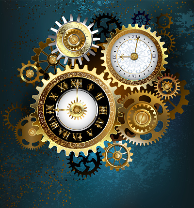 Two clock face with gold numbers and metal gears on turquoise background. Steampunk style.