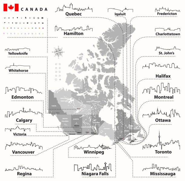 ilustraciones, imágenes clip art, dibujos animados e iconos de stock de vector iconos de contorno de skylines de ciudades de canadá con mapa canadiense y bandera - toronto canada flag montreal