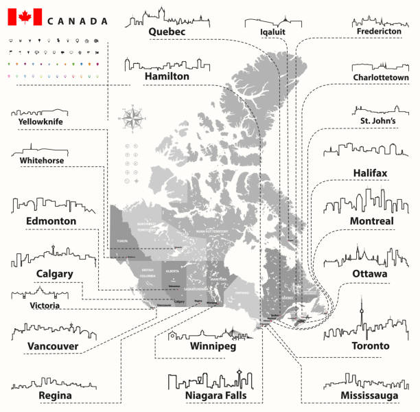 вектор наброски иконы канадских городов горизонты с канадской карты и флага - toronto canada flag montreal stock illustrations