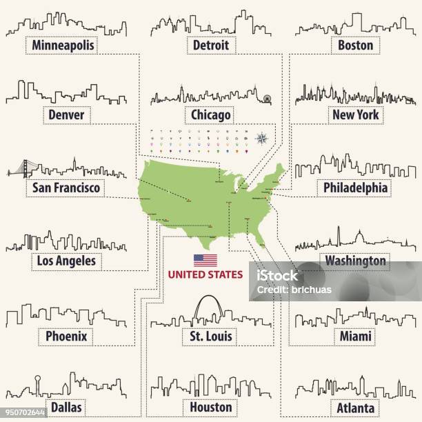 Vector Outline Icons Of United States Cities Skylines With Map And Flag Of Unitedstates Of America Stock Illustration - Download Image Now