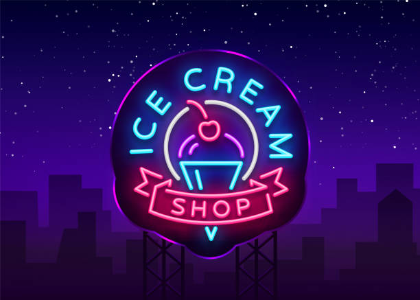 Ice cream shop neon sign. Ice cream shop in neon style, symbol, light banner, bright night advertising ice cream, billboard. Design template. Vector illustration. Billboard Ice cream shop neon sign. Ice cream shop in neon style, symbol, light banner, bright night advertising ice cream, billboard. Design template. Vector illustration. Billboard. neon sign ice cream stock illustrations