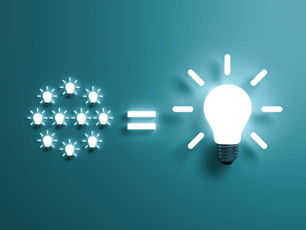 Small Idea light bulbs to the big one idea on green background with shadow . 3D rendering