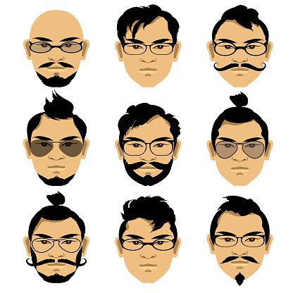 Set Faces Of Asian Men With Different Hairstyles Stock Illustration -  Download Image Now - Adult, Avatar, Beard - iStock