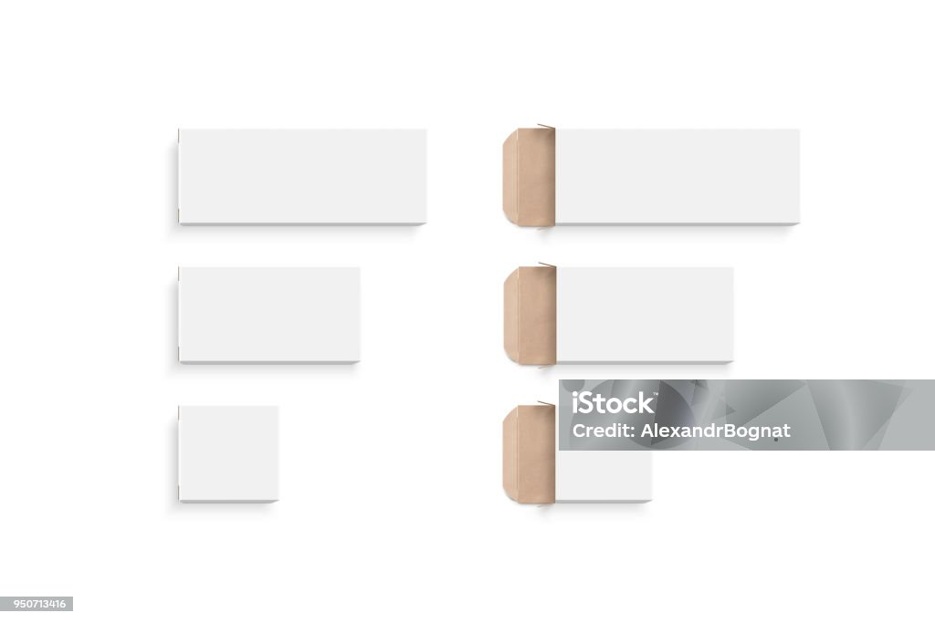 Blank white boxes different size set, isolated Blank white boxes mock ups different size set, isolated, 3d rendering. Empty opened and closed case mockups. Cardboard packaging template Box - Container Stock Photo