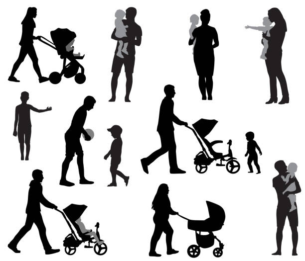 illustrations, cliparts, dessins animés et icônes de la famille - mother baby carriage women walking