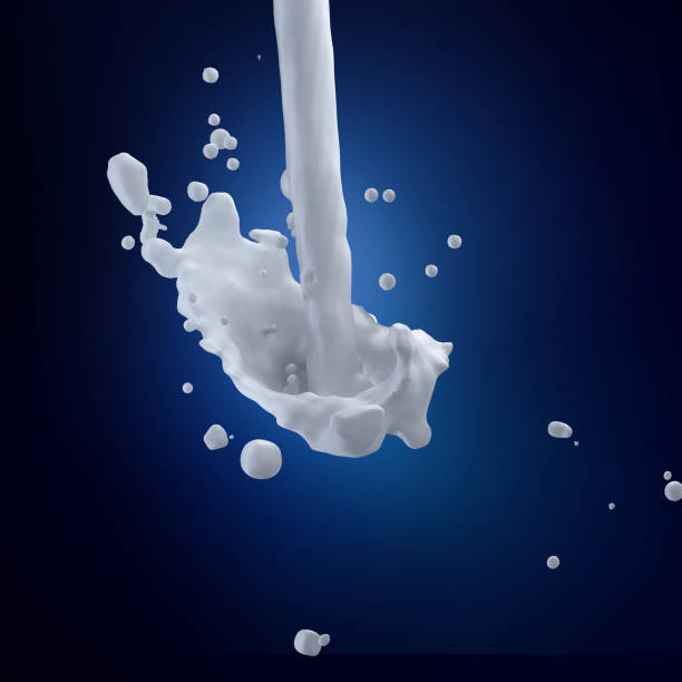 istock 3d render illustration. Milk splash, drops and blots isolated on blue. 950713770