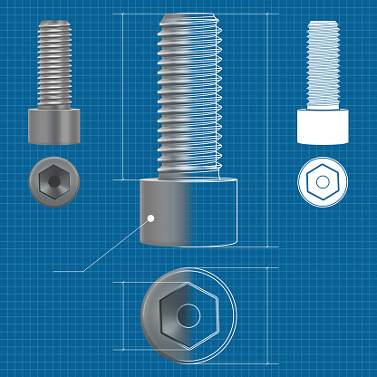 Cap hex socket bolt. Vector 3d illustration and flat white icon on blueprint background