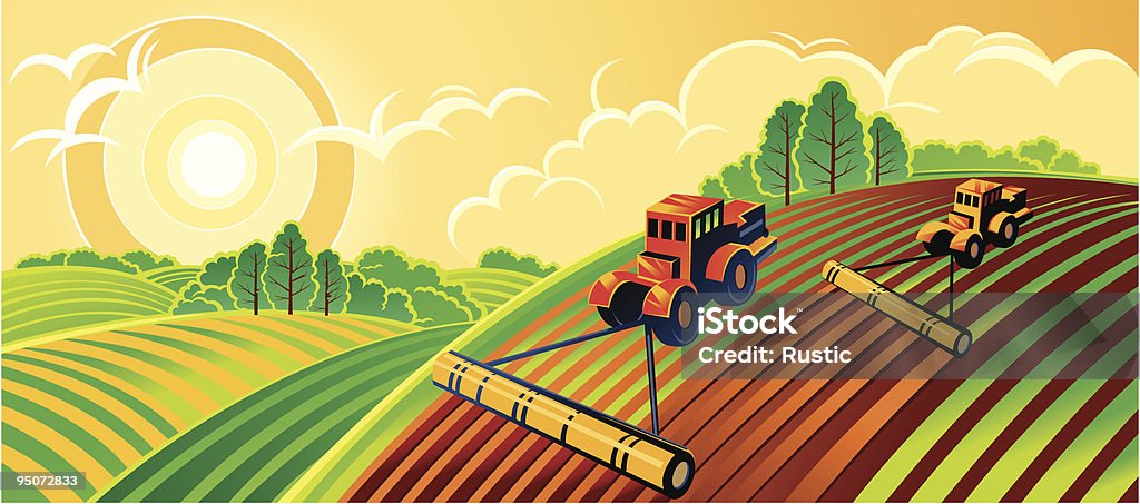An illustration of a spring country landscape Spring country landscape with two tractors Plow stock vector