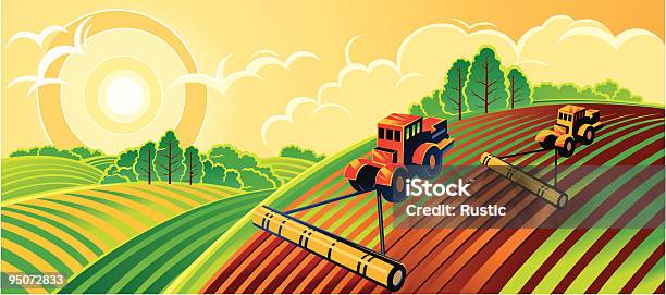 An Illustration Of A Spring Country Landscape Stock Illustration - Download Image Now - Plow, Agricultural Field, Tractor