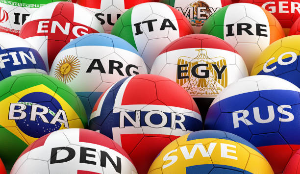 istock soccer balls colored in different national flag colors - 3D rendering 950731648