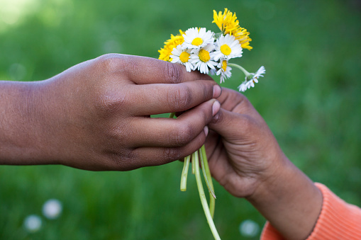 A female hand giving flowers to a male child hand.
