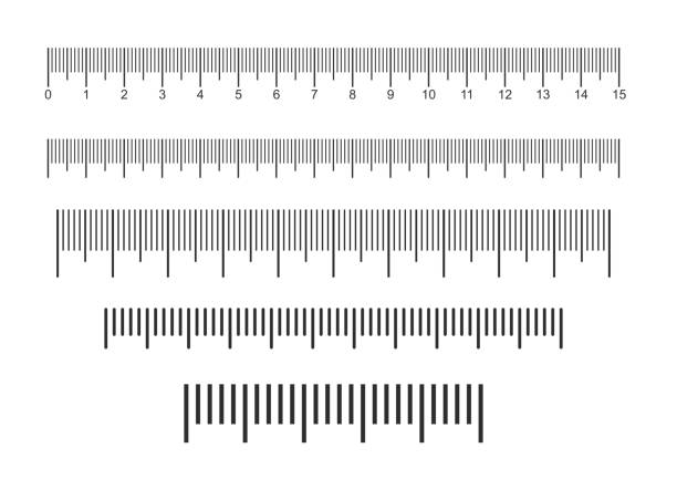 ilustrações de stock, clip art, desenhos animados e ícones de creative size indicators set. black scale, markup for rulers. different unit distances. art design horizontal measure scale distances. vector illustration. - inch centimeter length shape