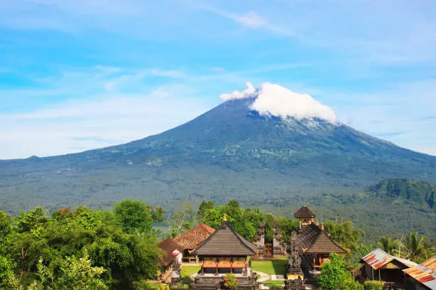 Photo of Pura Lempuyang temple with Mount Agung in the background in Bali, Indonesia