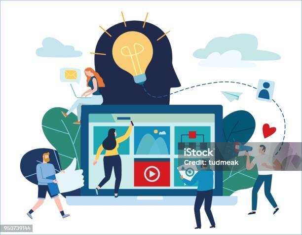 Content Strategy Marketing Vector Illustration Social Media Advertising Concept Small People Working Decorated Laptop Technology Flat Cartoon Design For Banner Mobile And Web Stock Illustration - Download Image Now