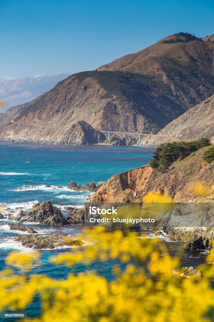 Big Sur, California Central Coast, USA Scenic view of the rugged coastline of Big Sur with Santa Lucia Mountains and Big Creek Bridge along famous Highway 1 in beautiful golden evening light at sunset in summer, California Central Coast, USA Big Sur Stock Photo