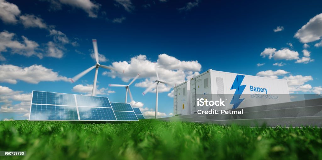 Concept of energy storage system. Renewable energy - photovoltaics, wind turbines and Li-ion battery container in fresh nature. 3d rendering. Solar Energy Stock Photo