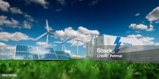 Concept Of Energy Storage System Renewable Energy Photovoltaics Wind Turbines And Liion Battery Container In Fresh Nature 3d Rendering Stock Photo - Download Image Now