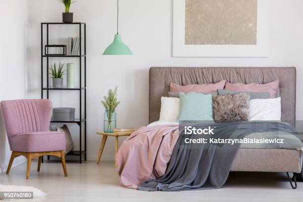 Feminine Bedroom With White Walls Stock Photo - Download Image Now - Pale Pink, Domestic Life, Residential Building