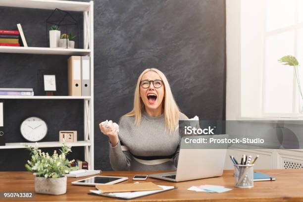 Furious Business Woman Shouting At Work Place Stock Photo - Download Image Now - Computer, Frustration, Irritation