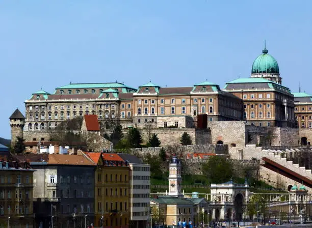 panoramic view of the Buda Castle in Budapest, Hungary, with residential buildings and a convention centre in the foreground