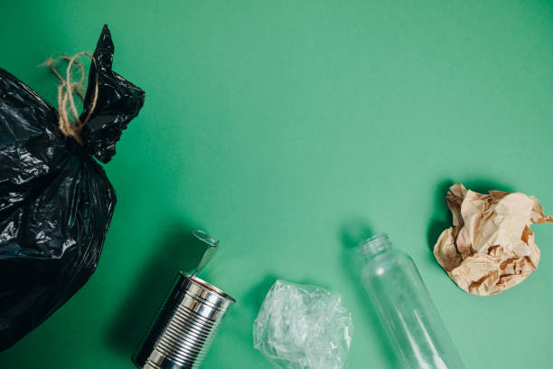 istock Separate waste with Plastic, Bottle, Tin Bank and Paper On Green  Background, Top View 950747204