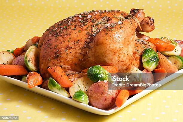 Roasted Chicken Vegetables Stock Photo - Download Image Now - Baked, Brussels Sprout, Carrot