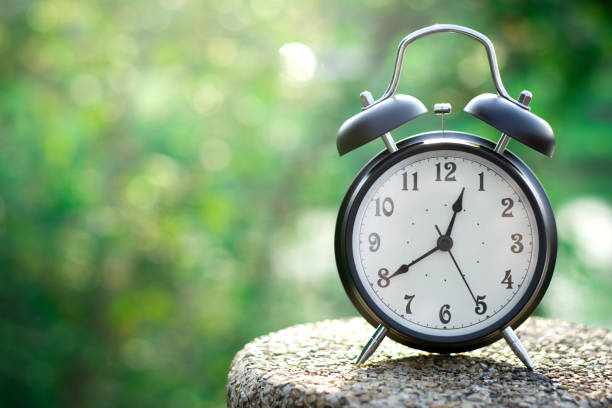 istock Black alarm clock on nature background with copy space 950755232