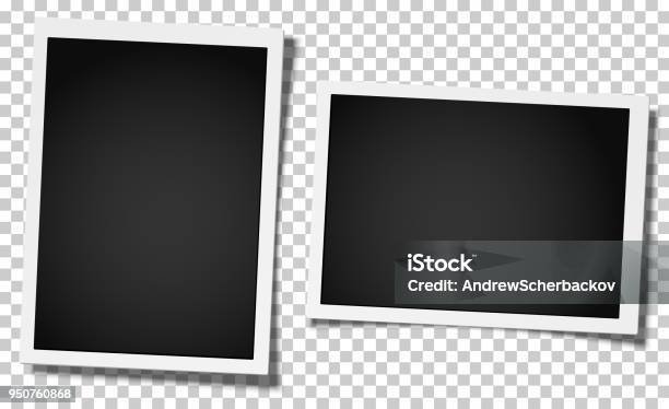 Set Of Two Retro Realistic Vector Photo Frames Vertical And Horizontal Placed On Transparent Background Template Photo Design Stock Illustration - Download Image Now