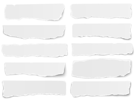 Set of elongated torn paper fragments isolated on white background