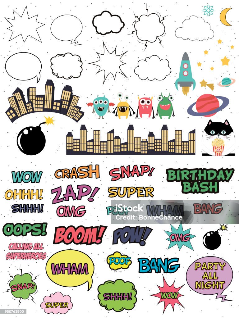 Set of elements for Superhero party poster in comics style with speech and sound effects balloons Set of elements for Superhero party poster in comics style with speech and sound effects balloons. Editable vector illustration Sketch stock vector