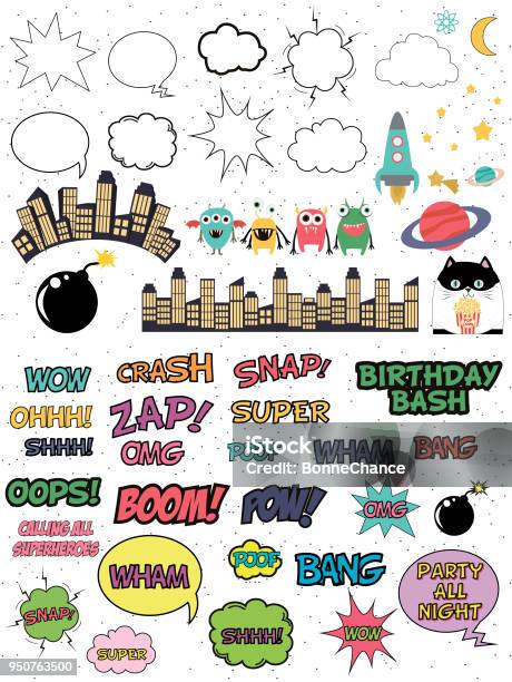 Set Of Elements For Superhero Party Poster In Comics Style With Speech And Sound Effects Balloons Stock Illustration - Download Image Now