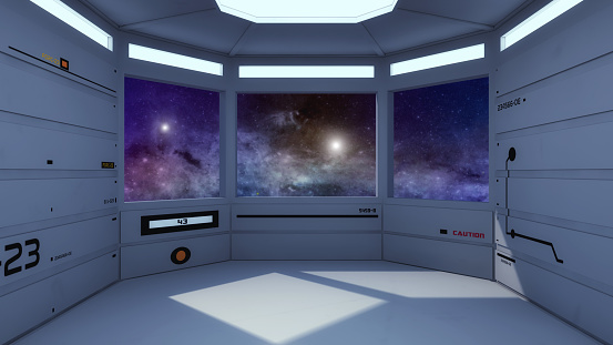 3D render. Futuristic spaceship interior corridor