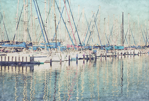 Drawing watercolor. Seascape, sea, pleasure ship. Sailing yachts are moored at the pier. Digital painting - illustration.