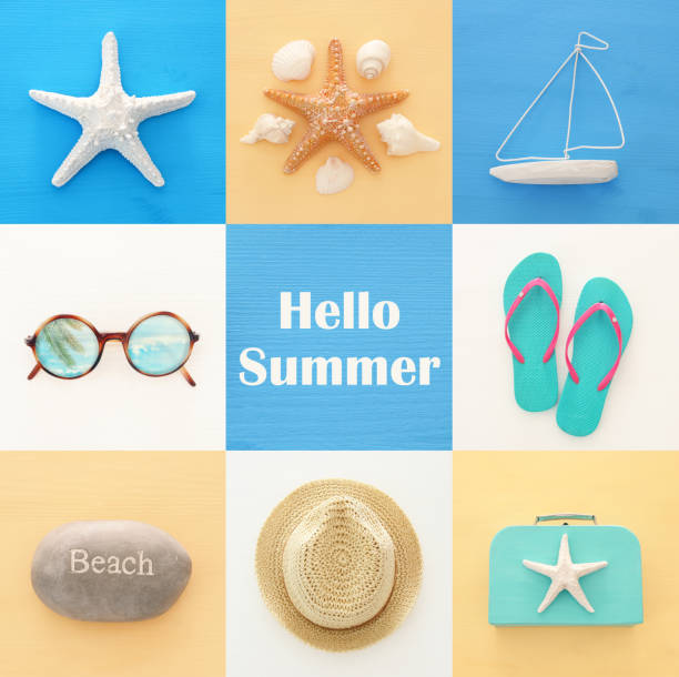 istock nautical collage with sea life style objects over blue, yellow and white wooden background. 950767340