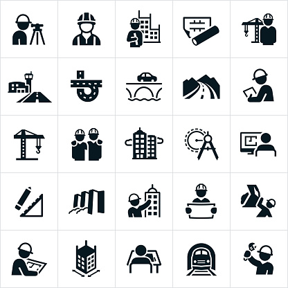 An icon set related to civil engineering. The icons include civil engineers, buildings, blueprints, construction crane, airport runway, road, bridge, inspector, skyscrapers, drawing compass, design, dam and train tracks to name a few.