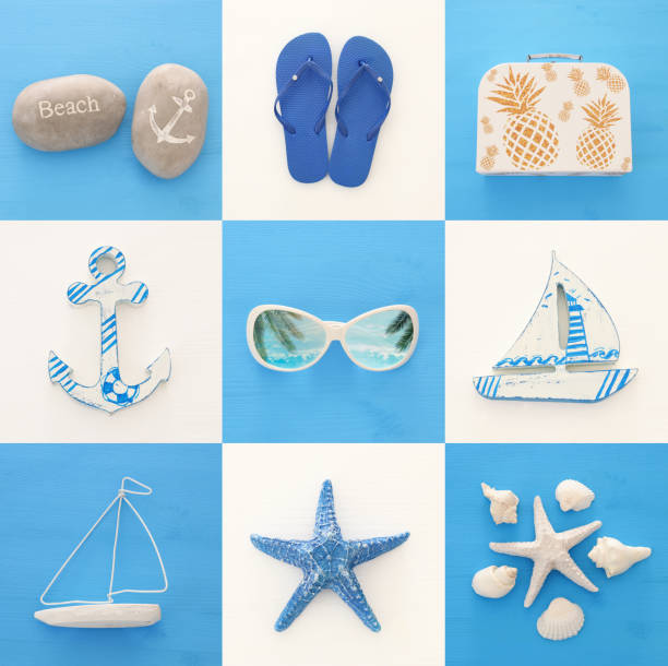 istock nautical collage with sea life style objects over blue and white wooden background. 950767374