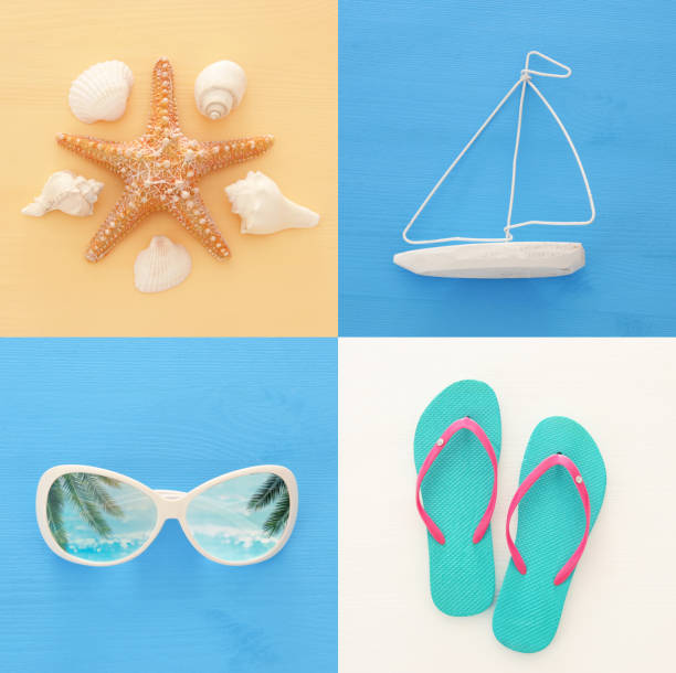 istock nautical collage with sea life style objects over blue and white wooden background. 950767376