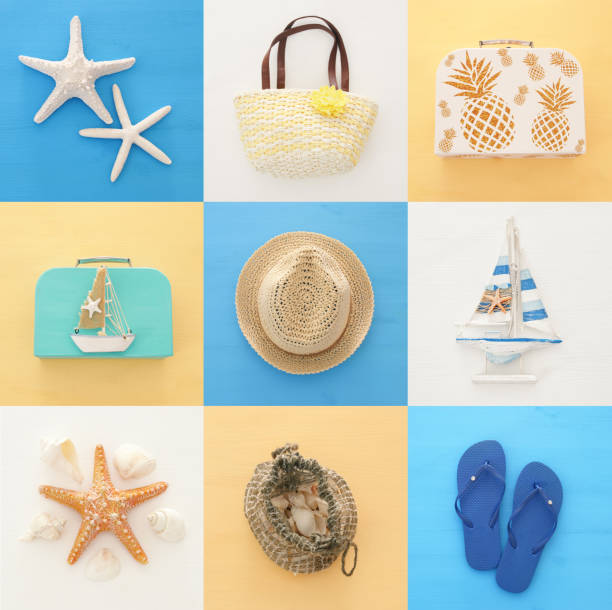 istock nautical collage with sea life style objects over blue and white wooden background. 950767378