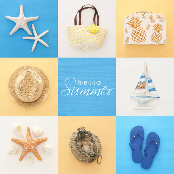 istock nautical collage with sea life style objects over blue and white wooden background. 950767384