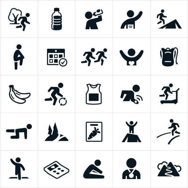 trail und straßenlauf icons - langstreckenlauf stock-grafiken, -clipart, -cartoons und -symbole