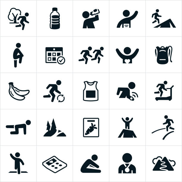 Trail And Road Running Icons A set of icons related to trail and road running. The icons include runners, trails, trail running, water, nutrition, racing, course, race gear, finish line, stretching and training to name a few. distance running stock illustrations
