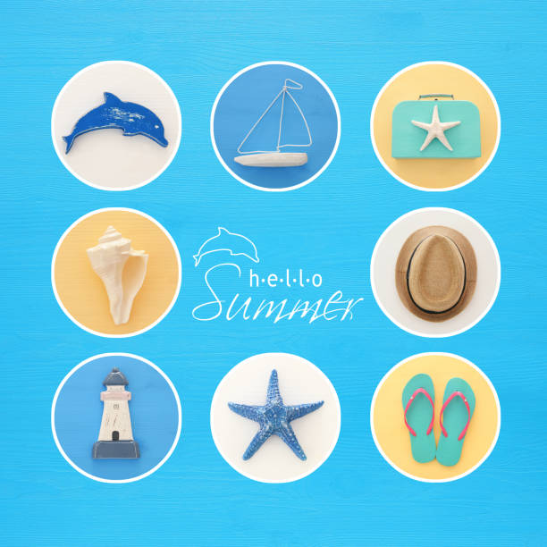 istock nautical collage with sea life style objects over blue and white wooden background. 950767416