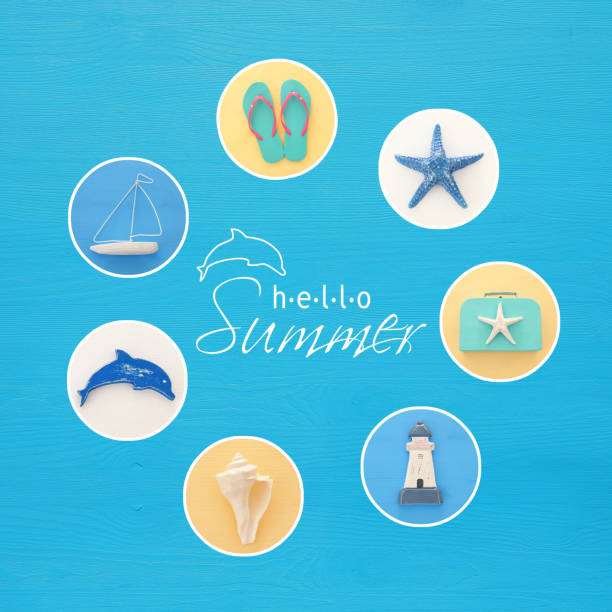 istock nautical collage with sea life style objects over blue wooden background. 950767470