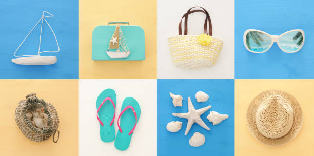 nautical collage with sea life style objects over blue and white wooden background.