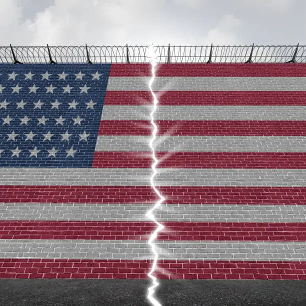 United States border wall concept as a US Mexico barrier with a glowing opening as a hope and freedom immigration or refugee symbol as a 3D illustration.