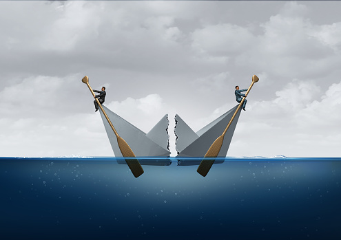 Business separation and business disagreement as two opposite sides divide a paper boat as a metaphor for opposing directions with 3D illustration elements.