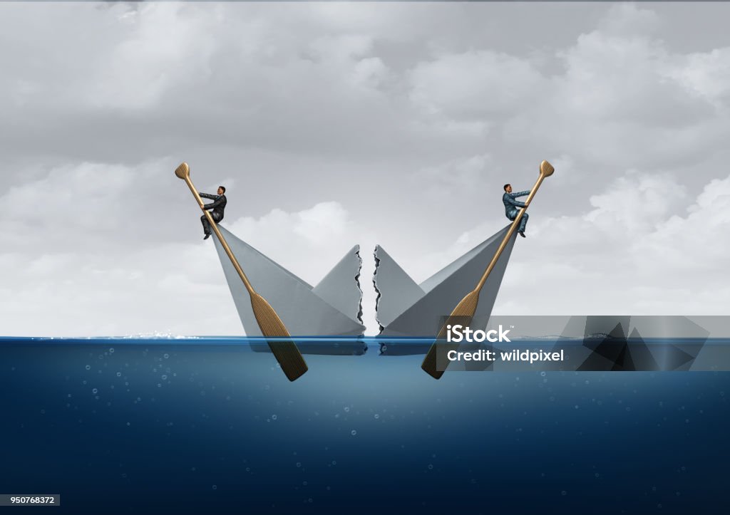 Business Separation Business separation and business disagreement as two opposite sides divide a paper boat as a metaphor for opposing directions with 3D illustration elements. Two People Stock Photo