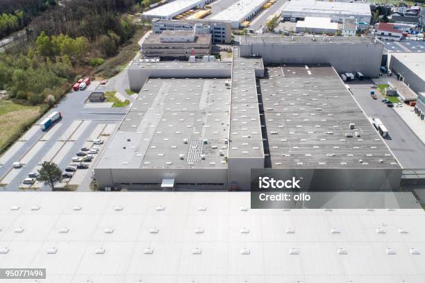 Aerial View Of Industrial Buildings Stock Photo - Download Image Now - Rooftop, Flat - Physical Description, Building Exterior