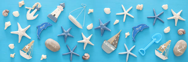 istock nautical, vacation and travel banner with sea life style objects. Top view. 950772458