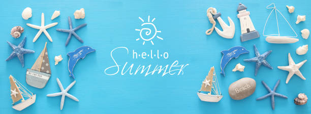 istock nautical, vacation and travel banner with sea life style objects. Top view. 950772474